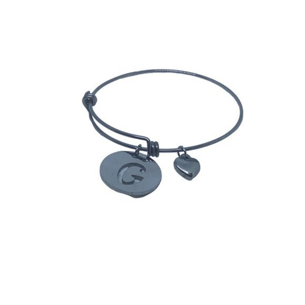 Initial G Disc Wire Bracelet Bangle with Heart Charm Women's Stainless Steel